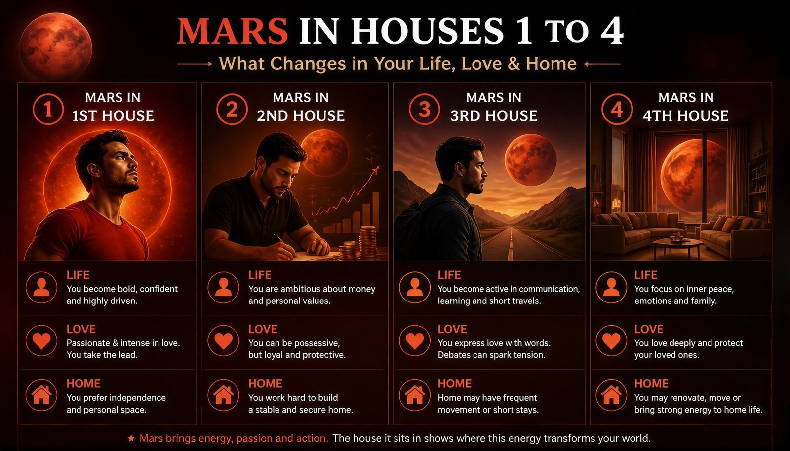 Mars in Houses 1 to 4: What Changes in Your Life, Love, and Home?